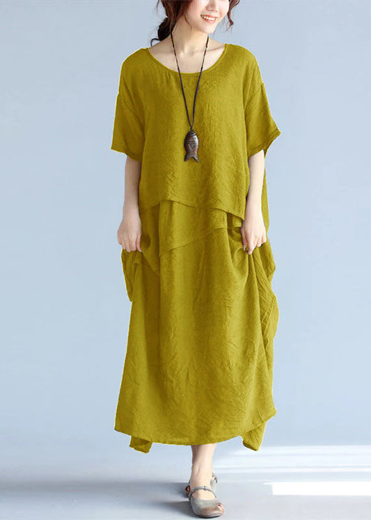 Baggy Yellow Long Linen Dresses Oversized Layered Cotton Maxi Dress Short Sleeve Cotton Clothing