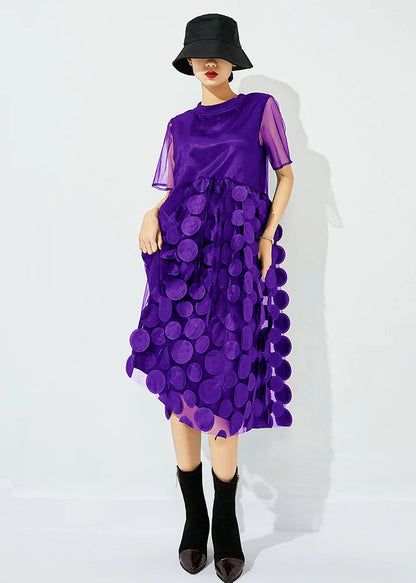 Blue O-neck Patchwork Dot Tulle Holiday Dress Summer