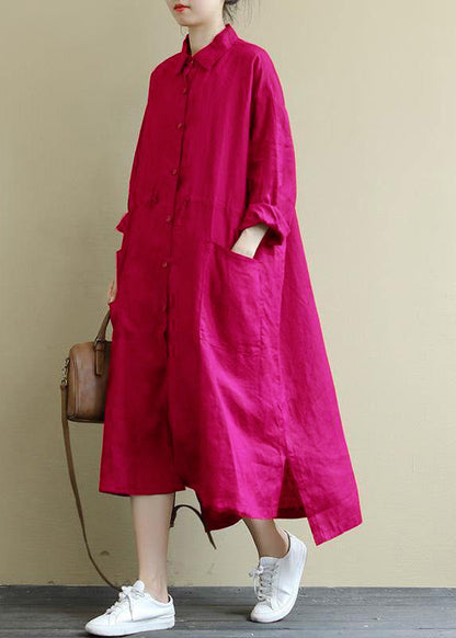 Rose Linen Shirt Dress Oversize Spring Maxi Dresses