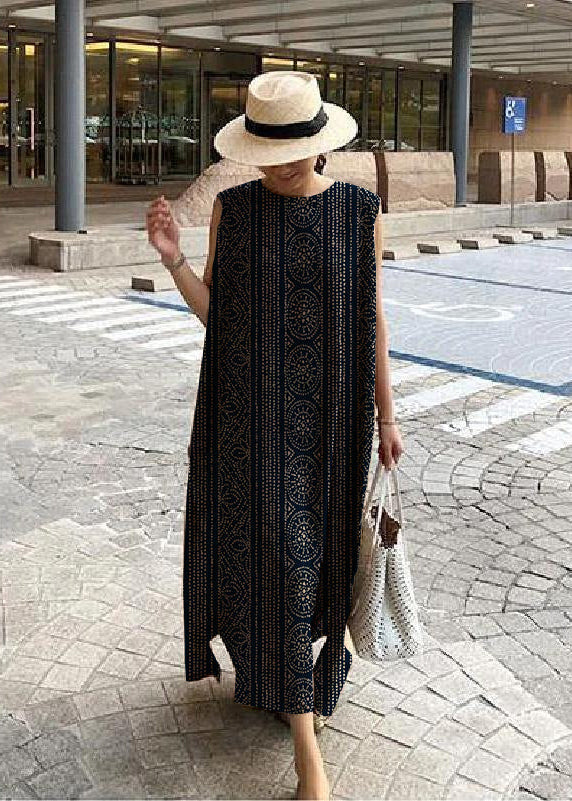 O Neck Side Open Linen Cotton Clothes Fabrics Print3 Dress