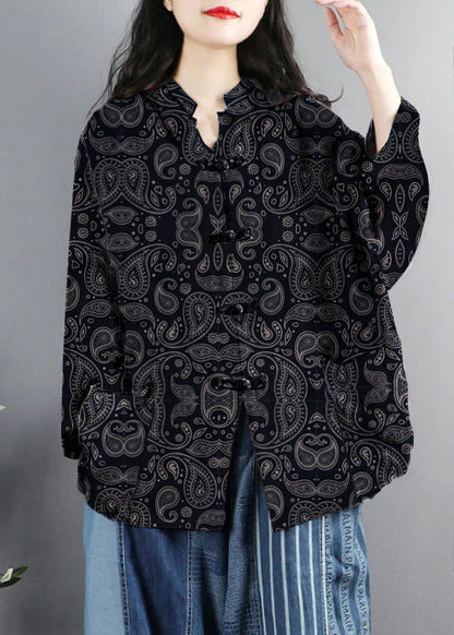 Chinese Style Brown-pumpkin Print Pockets Button Patchwork Cotton Coats Long Sleeve