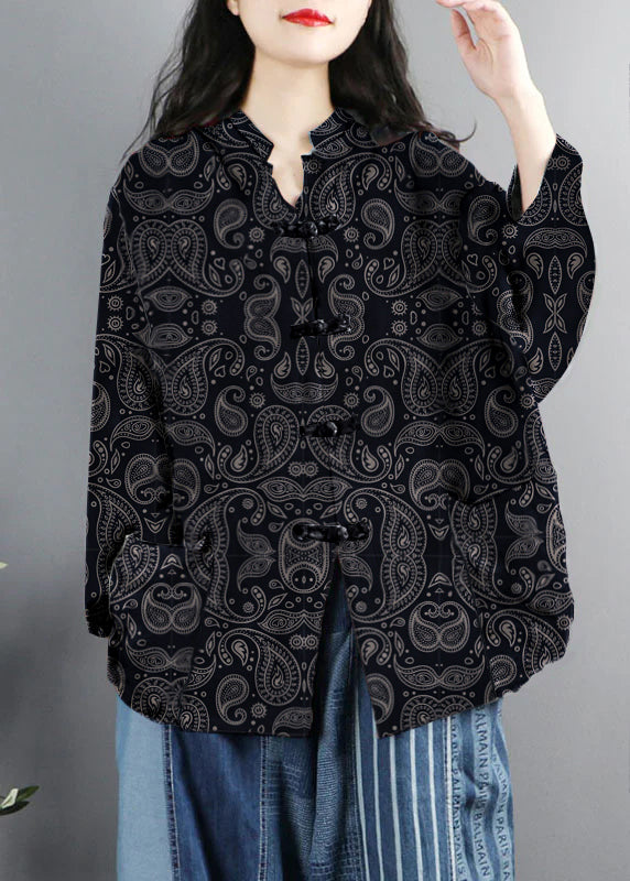 Chinese Style Brown-pumpkin Print Pockets Button Patchwork Cotton Coats Long Sleeve