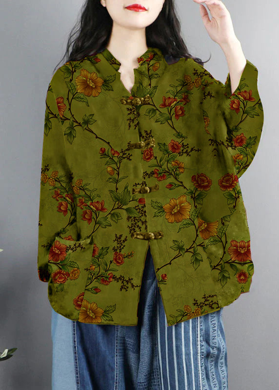 Chinese Style Brown-pumpkin Print Pockets Button Patchwork Cotton Coats Long Sleeve