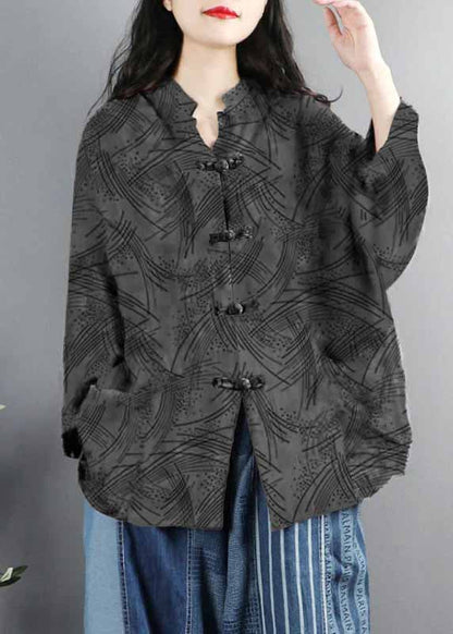 Chinese Style Brown-pumpkin Print Pockets Button Patchwork Cotton Coats Long Sleeve