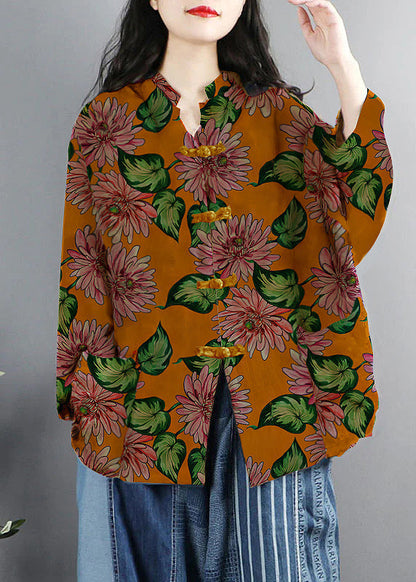 Chinese Style Brown-pumpkin Print Pockets Button Patchwork Cotton Coats Long Sleeve