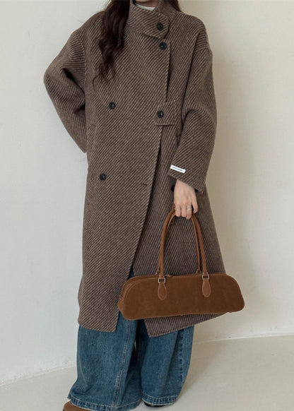 New Coffee Stand Collar Double Breast Woolen Coat Winter