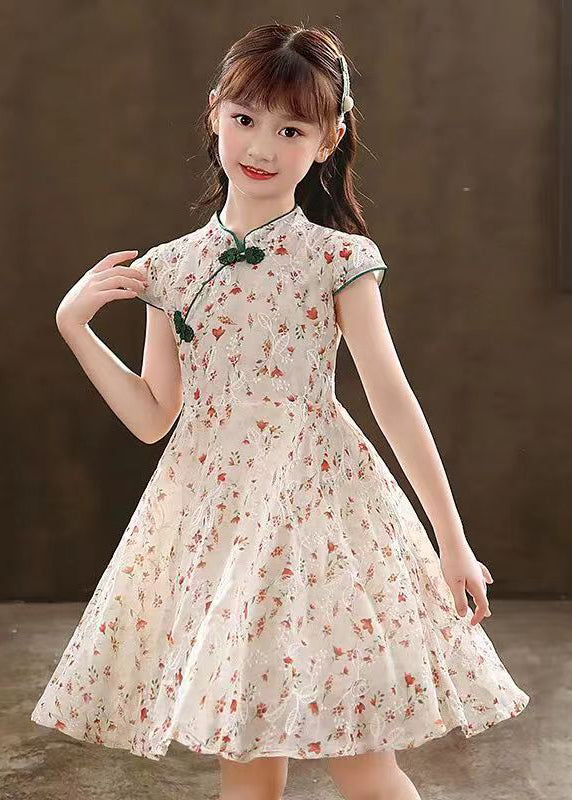 New Green Stand Collar Print Maxi Dresses Short Sleeve