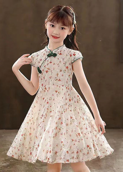 New Green Stand Collar Print Maxi Dresses Short Sleeve