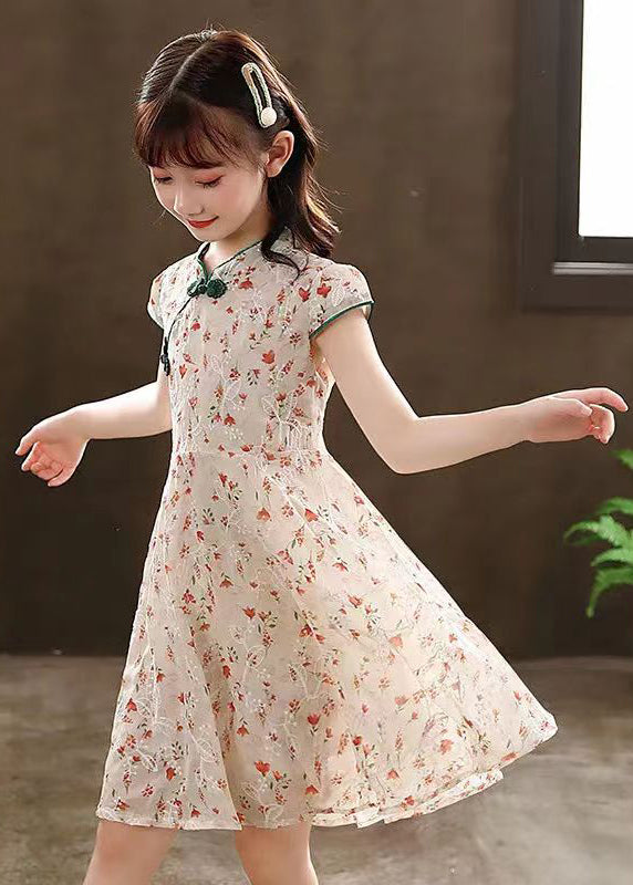 New Green Stand Collar Print Maxi Dresses Short Sleeve