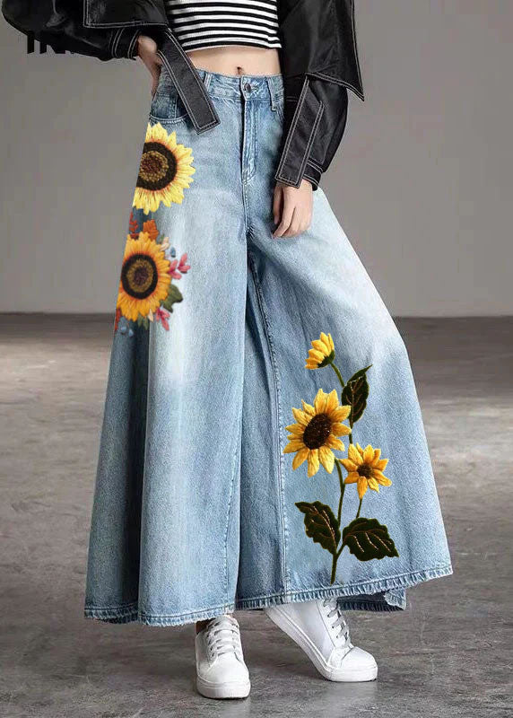Diy Light Blue-chrysanthemum Pockets Wide Leg Fall Denim Pants