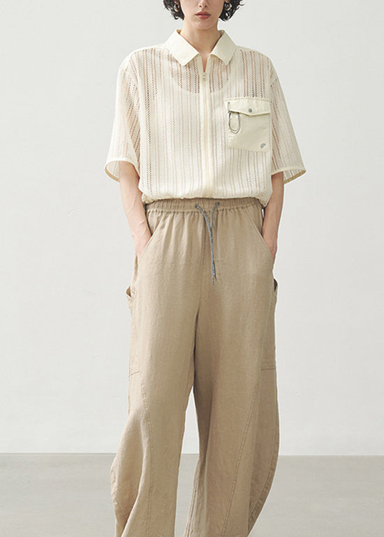 Beige Zippered Hollow Out Coat Short Sleeved