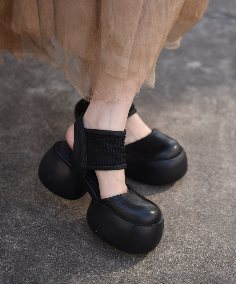 New Black Cowhide Leather Chunky Sandals
