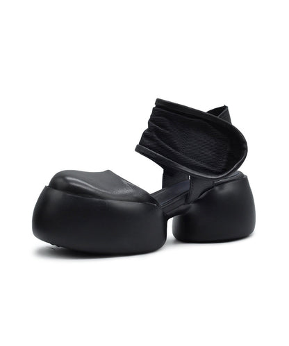 New Black Cowhide Leather Chunky Sandals