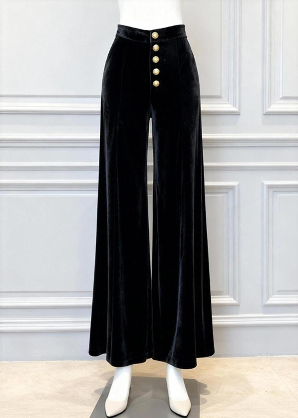 New Black High Waist Silk Velvet Wide Leg Pants Winter