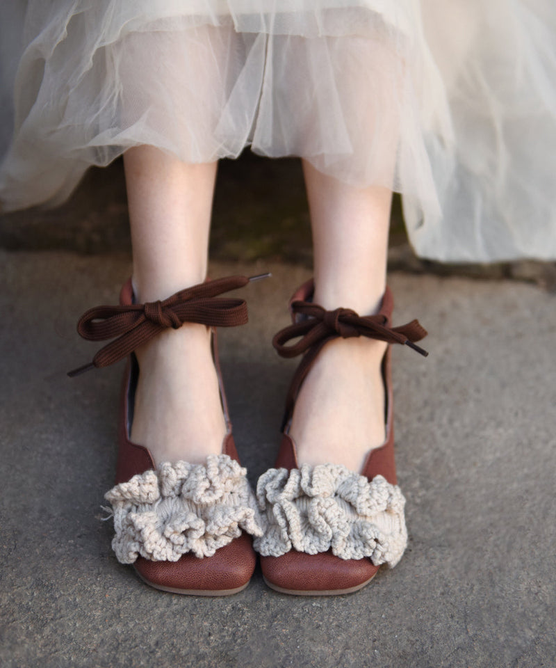 New Splicing Flat Shoes Caramel Sheepskin Lace Up