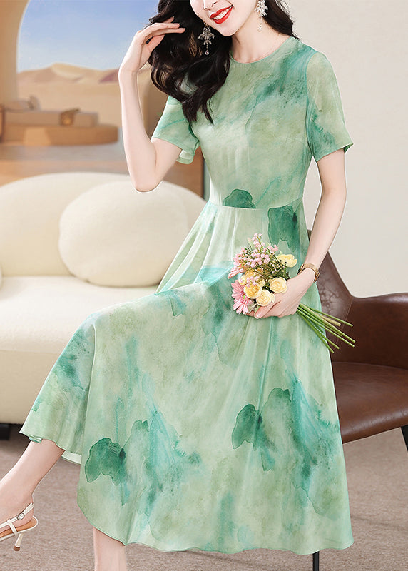 New Green O Neck Print Silk Dress Summer