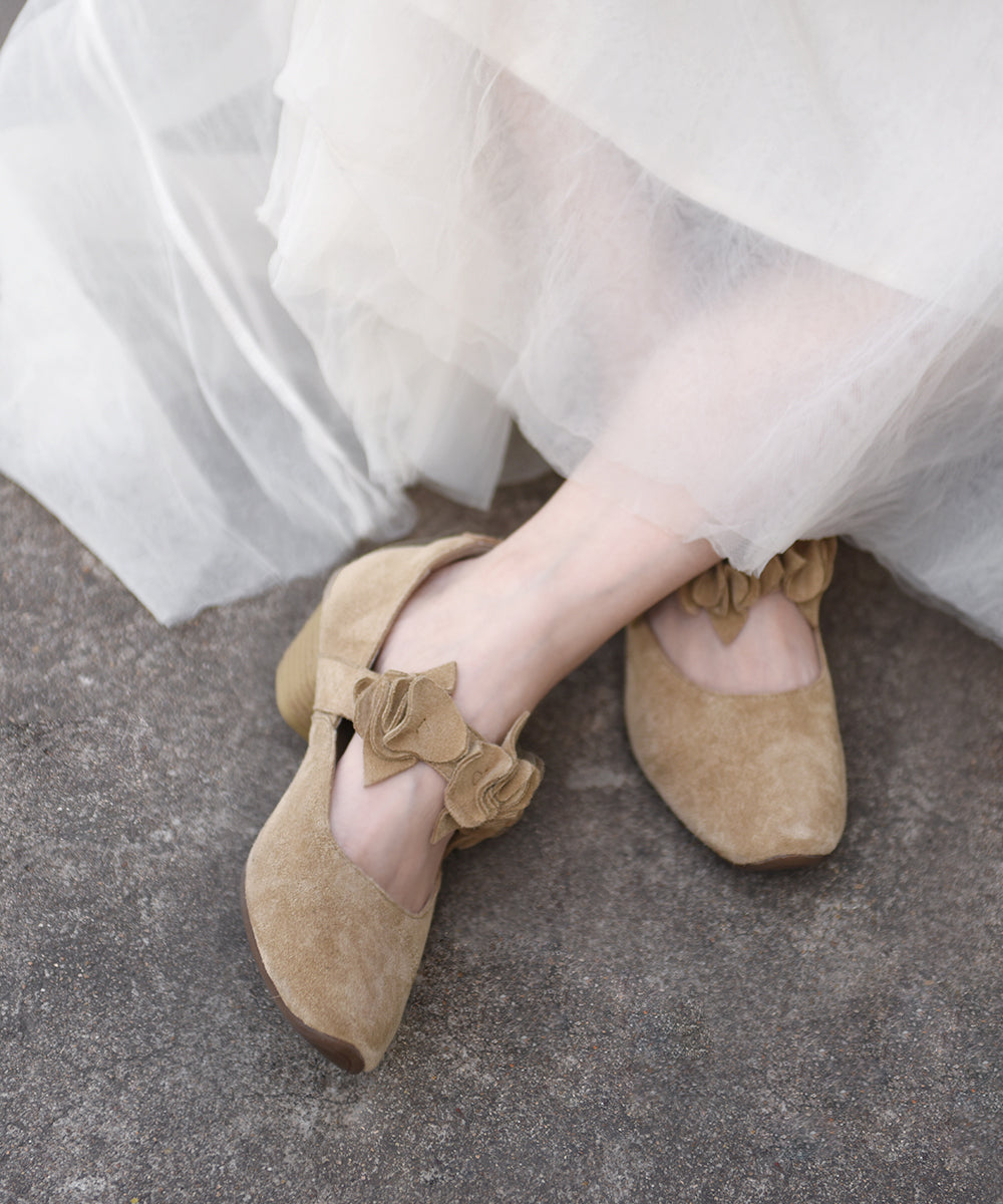 New Handmade Apricot Flower Chunky Heels