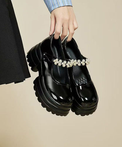 New Platform Loafers Black Faux Leather Buckle Strap Zircon