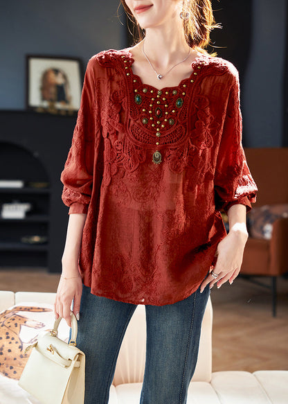 2025 New Red Square Collar Embroidered Cotton Tops Spring