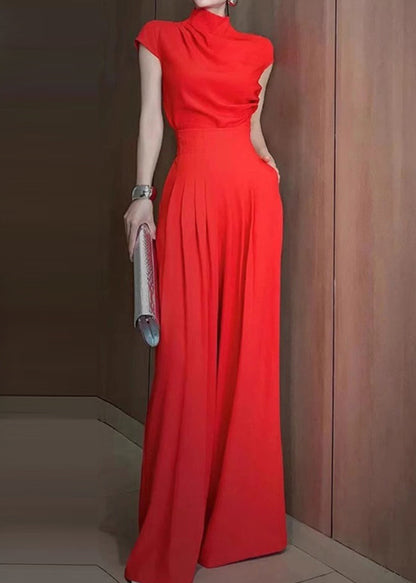 New Red Turtleneck Top and Wide Leg Pants Two Pieces Set Short Sleeve