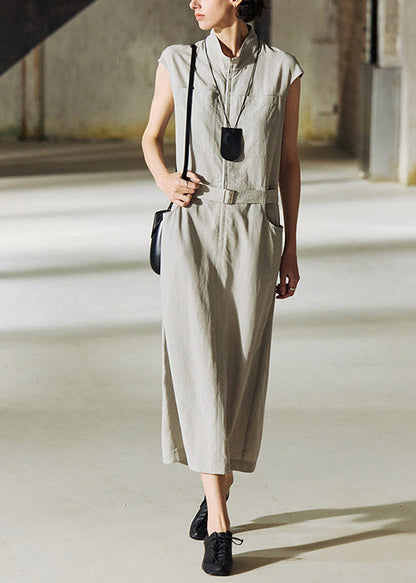 New Stand Collar Pockets Cotton Long Dresses Summer