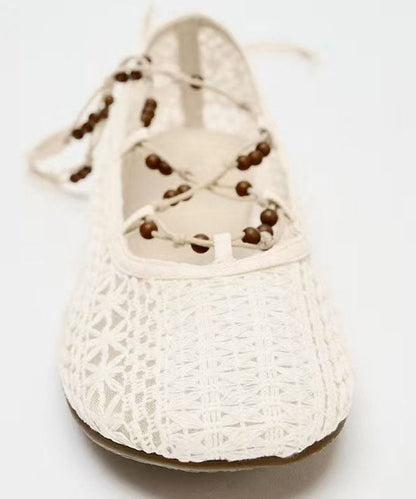 New White Knit Fabric Lace Up Hollow Out Flat Shoes