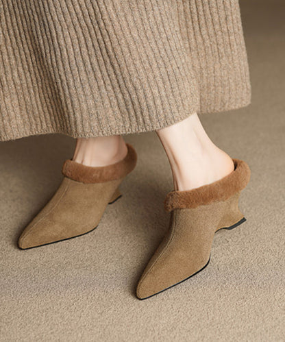 Splicing Wedge Slippers Shoes Black Suede Fuzzy Wool Lined