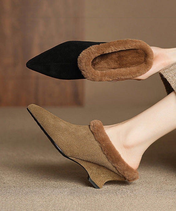 Splicing Wedge Slippers Shoes Black Suede Fuzzy Wool Lined