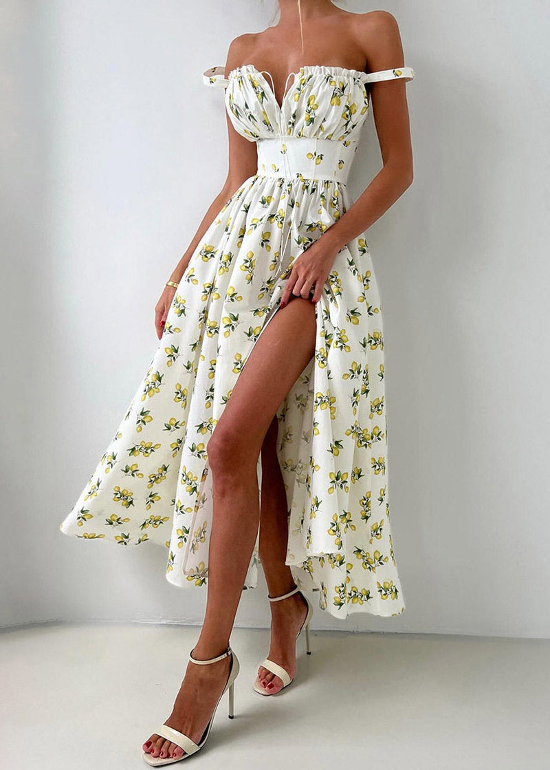 New Beige Print Side Open Long Spaghetti Strap Dress Sleeveless