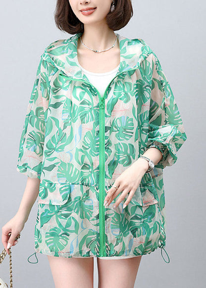 New Green Print Hooded Upf 50+ Coat Jacket Spring