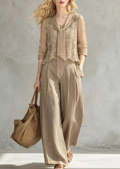 New Khaki Bow Lace Top and Wide Leg Pants Two Pieces Set Half Sleeve