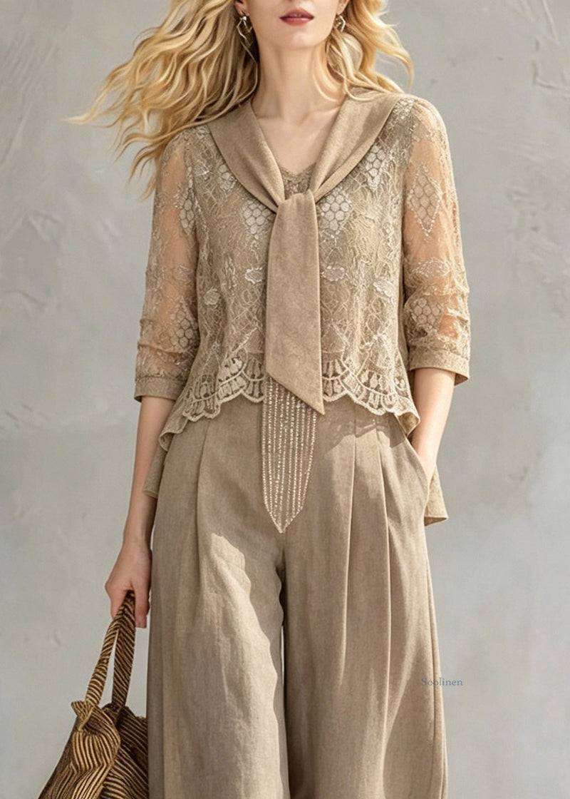 New Khaki Bow Lace Top and Wide Leg Pants Two Pieces Set Half Sleeve
