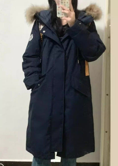 New Navy Blue Patchwork Detachable Long Parka Long Sleeve