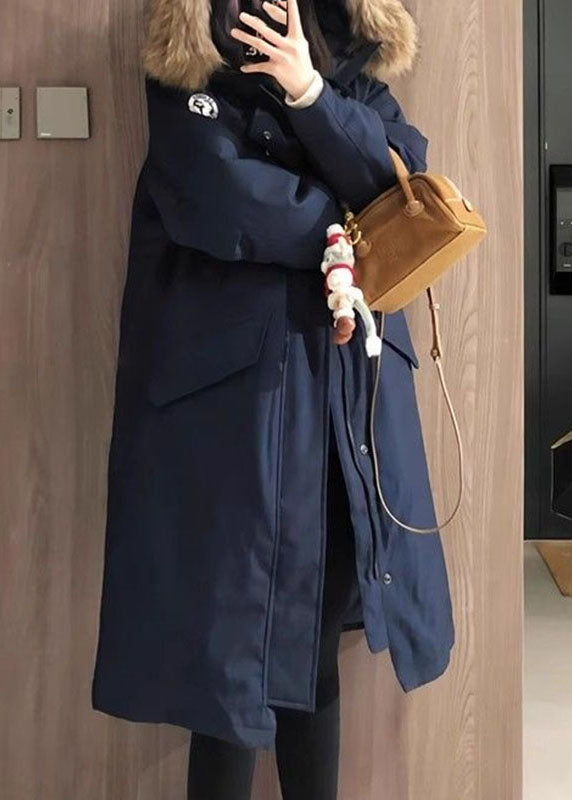 New Navy Blue Patchwork Detachable Long Parka Long Sleeve