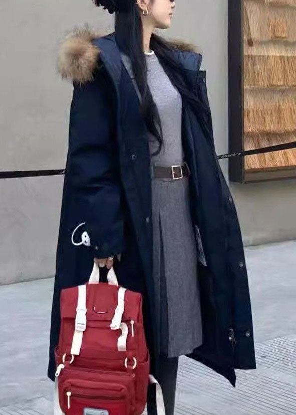 New Navy Blue Patchwork Detachable Long Parka Long Sleeve