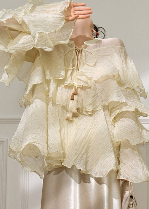 New Yellow Ruffled Patchwork Tie Lace Shirt Spring