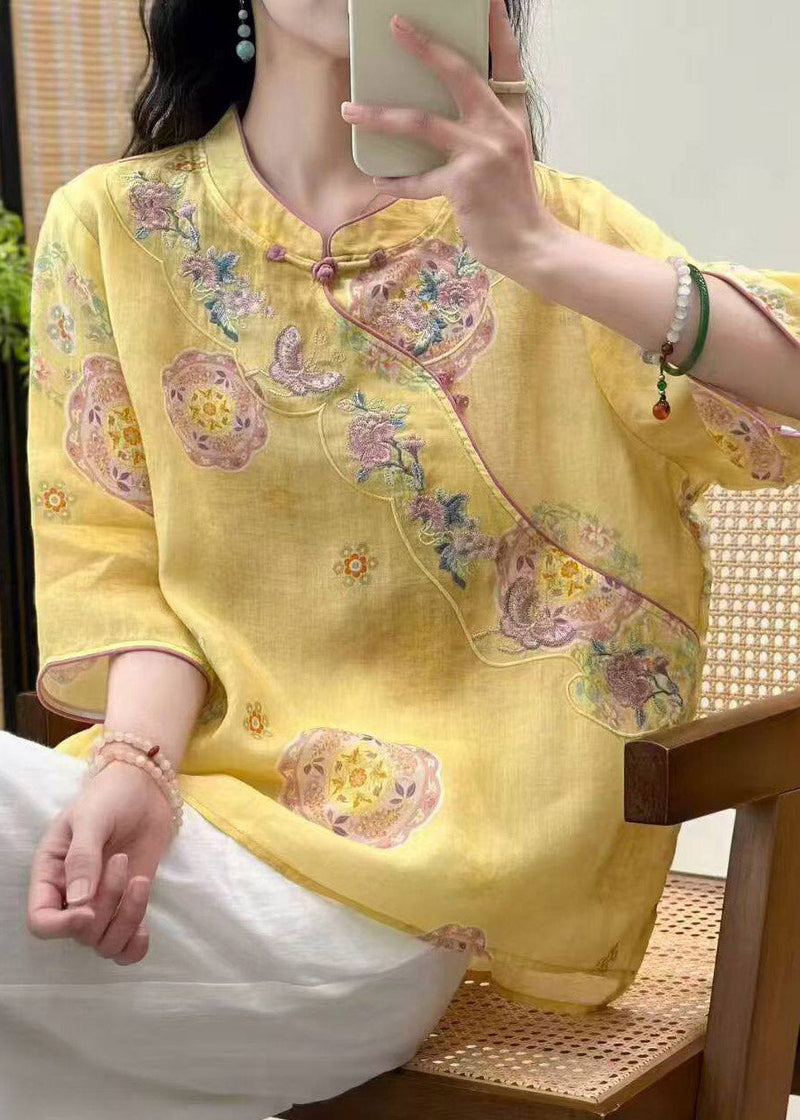 Yellow Stand Collar Patchwork Linen Top Three Quarter Sleeve