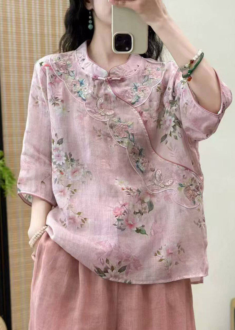 Yellow Stand Collar Patchwork Linen Top Three Quarter Sleeve