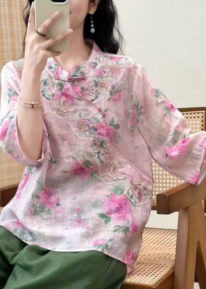 Yellow Stand Collar Patchwork Linen Top Three Quarter Sleeve