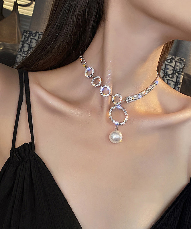 Unique White Alloy Zircon Pearl Tassel Pendant Necklace