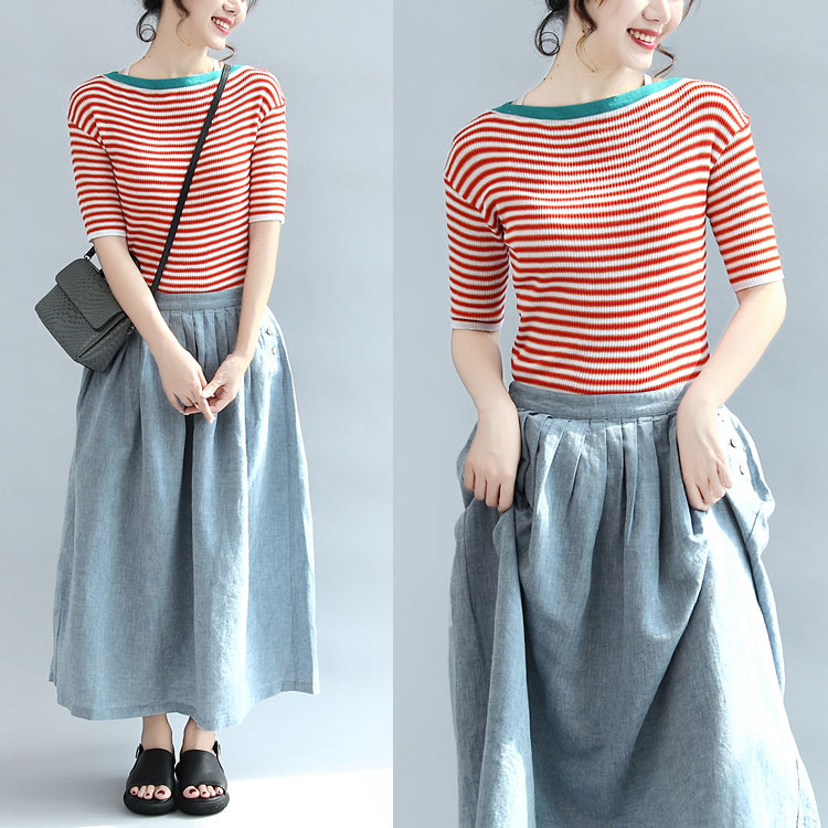 207 Fall Red Striped Cotton Tops Stylish Blouse