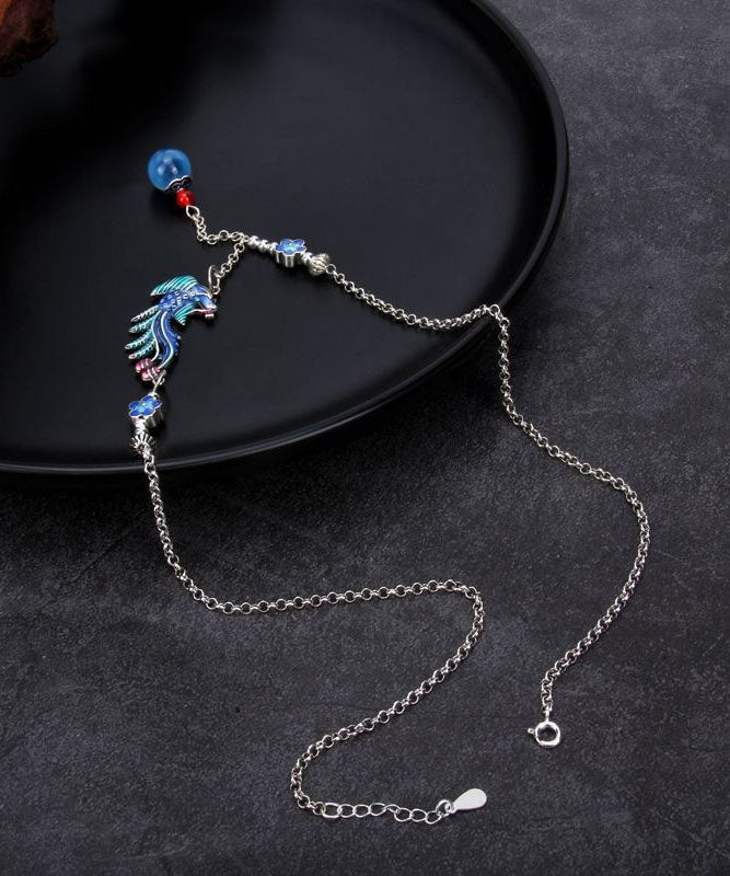 Blue Sterling Silver Cloisonne Phoenix Tassel Pendant Necklace