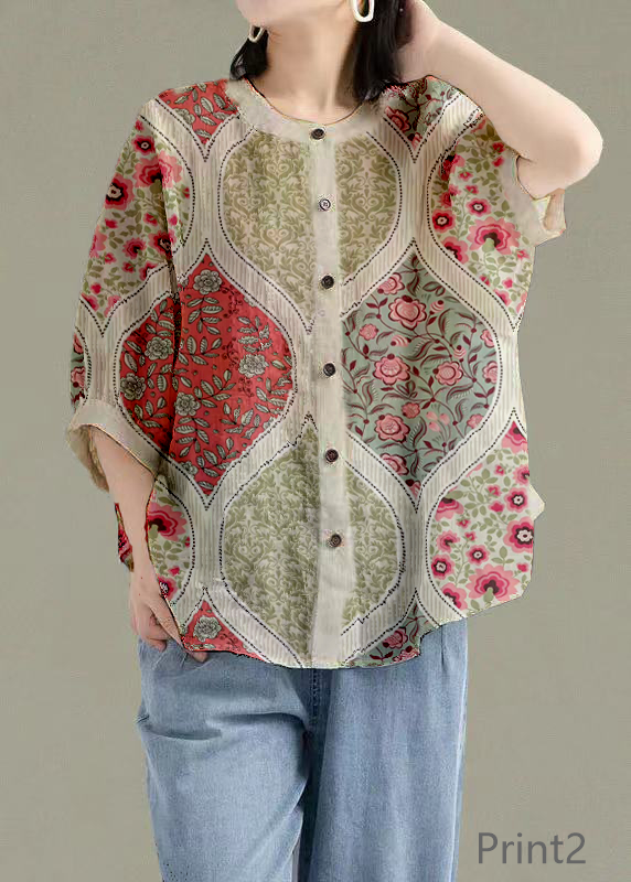 Art Print4 O-neck Button Linen Loose Shirt Top Lantern Sleeve