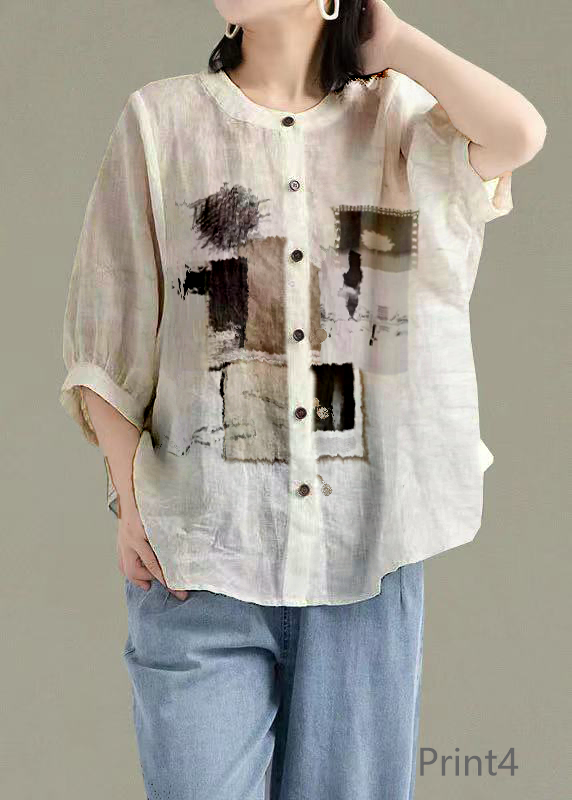 Art Print4 O-neck Button Linen Loose Shirt Top Lantern Sleeve
