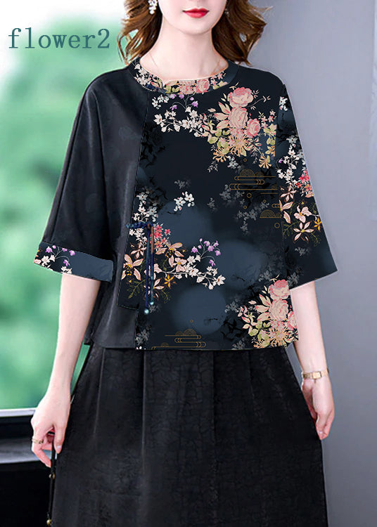 Flower3 O-neck Print Patchwork Top Bracelet Sleeve