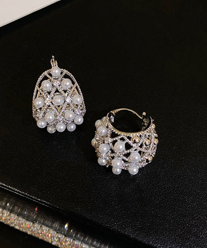 Modern Silk Sterling Silver Pearl Hollow Out Hoop Earrings