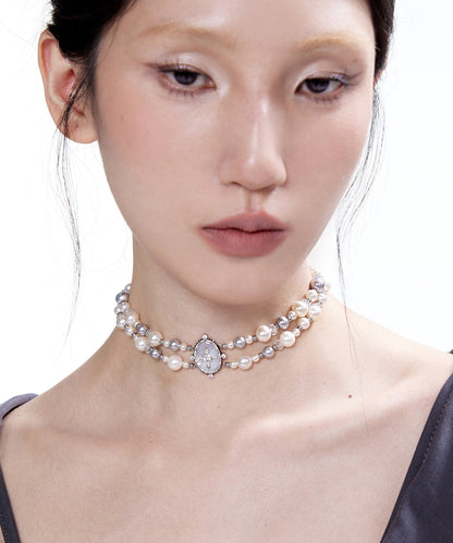 Pearls Double Cross Double Layered Alloy Choker