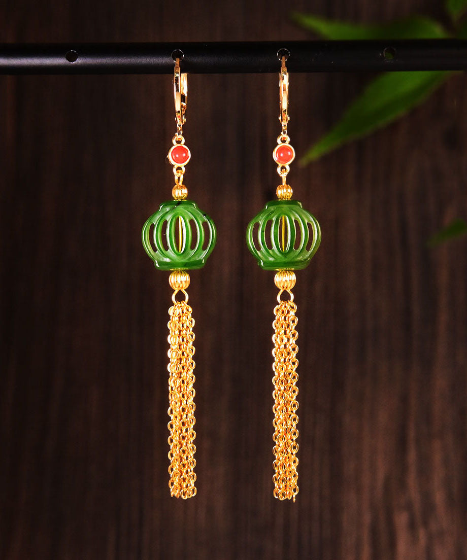 Classy Green 14k Gold Jade Tassel Drop Earrings