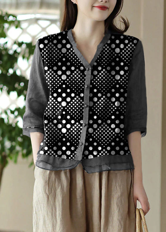 Black Plaid V Neck Embroidered Ramie Shirt Half Sleeve