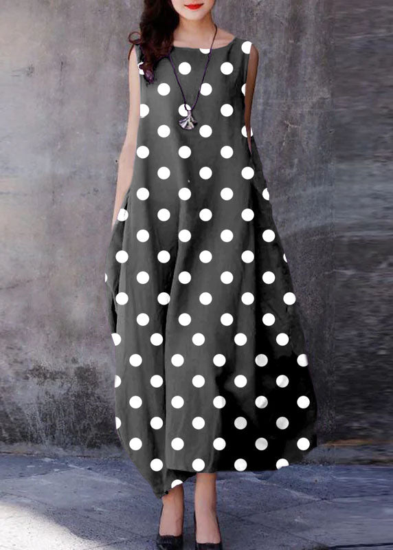 Black Spliced Polka Dots O-neck Exra Large Hem Cotton Dresses Sleeveless